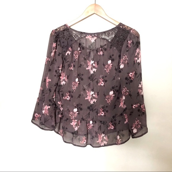 Bell Du Jour Boho Lace Panel Sheer Drop Shoulder Top Brown Floral XS - Picture 2 of 9